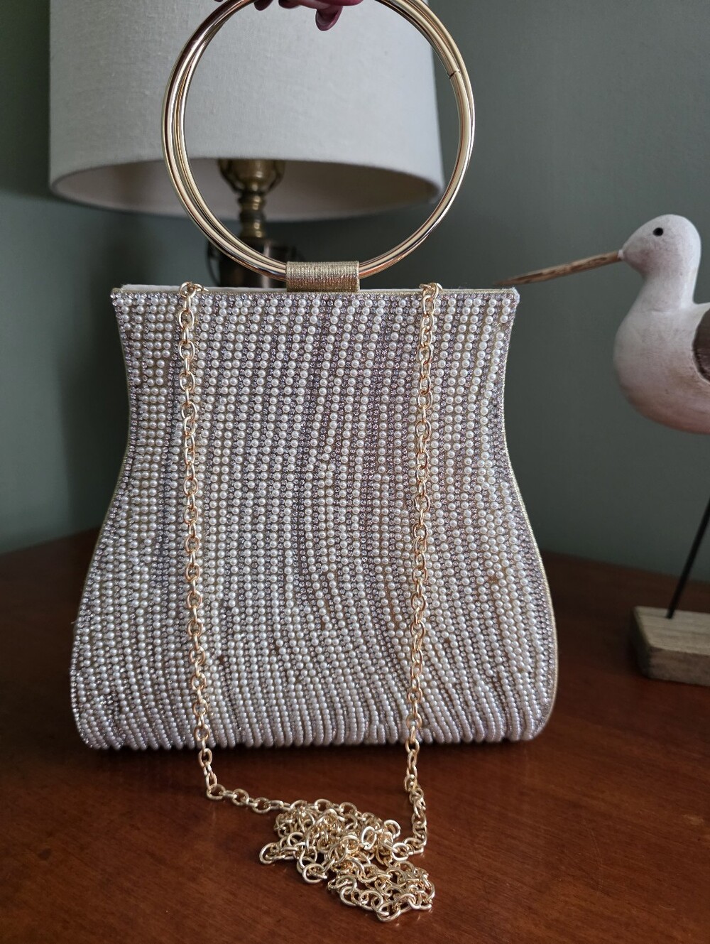 Verano Hill Meghan Rhinestone Pearl Ring Handle Evening Bag Purse